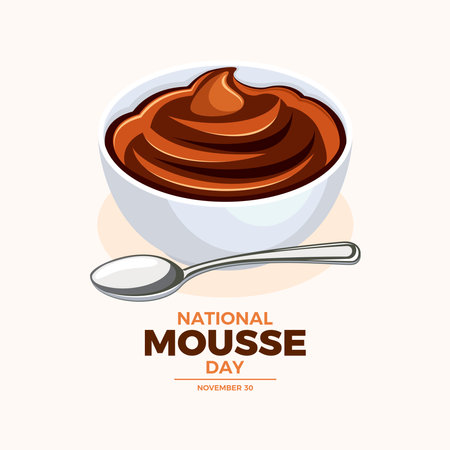 National Mousse Day poster vector illustration. Chocolate mousse in a bowl icon vector. Chocolate cream dessert drawing. Template for background, banner, card. November 30のイラスト素材