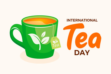 International Tea Day poster vector illustration. Green cup of tea icon vector. Green mug with tea leaf drawing. Template for background, banner, card. Important dayのイラスト素材