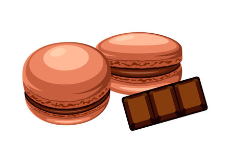 Chocolate macarons and chocolate bar icon set vector illustration. Brown french macaroons icon vector isolated on a white background. Two brown macaron drawingのイラスト素材