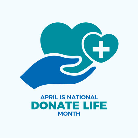 April is National Donate Life Month poster vector illustration. Hand giving heart icon. Donation and transplantation symbol. Health care concept. Template for background, bannerのイラスト素材