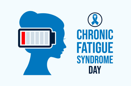 Chronic Fatigue Syndrome Day poster vector illustration. Female head and low battery symbol. ME/CFS blue awareness ribbon icon. Template for background, banner, card. May 12のイラスト素材