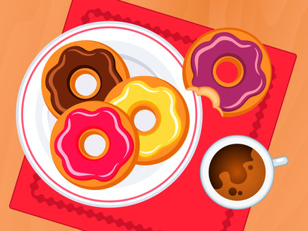 Donuts on a plate and a cup of coffee top view vector illustration. Colorful donuts and coffee cup on a wooden table above view vector. Sweet snack on the table drawingのイラスト素材