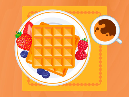 Waffle on a plate and a cup of coffee top view vector illustration. Waffle with berry fruit on a wooden table above view vector. Sweet breakfast on the table drawingのイラスト素材