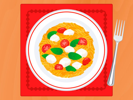 Fusilli pasta alla Caprese on a plate top view vector illustration. Fusilli pasta with tomato, mozzarella cheese and basil leaf on a wooden table top view vectorのイラスト素材