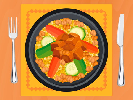 Couscous food with meat and vegetables on a plate top view vector illustration. Couscous or bulgur with meat, zucchini, carrot and chickpeas on a wooden table above view vectorのイラスト素材