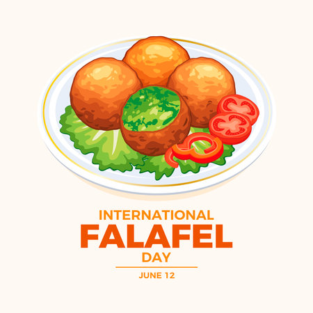 International Falafel Day poster vector illustration. Falafel and vegetable garnish on a plate vector. Middle eastern deep fried chickpea balls drawing. June 12. Important dayのイラスト素材