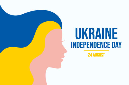Ukraine Independence Day poster with female face in profile vector illustration. Female head in profile with long blue and yellow hair icon. Template for background, banner, cardのイラスト素材