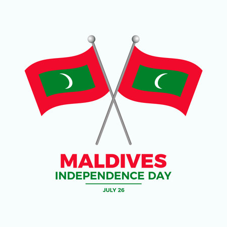 Maldives Independence Day poster vector illustration. Two crossed Maldives flags on a field icon. Waving flag of Maldives symbol. Template for background, banner, card. 26 Julyのイラスト素材