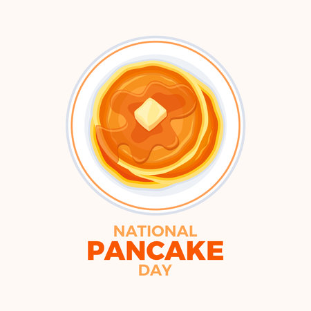 National Pancake Day poster vector illustration. Pancakes with butter and syrup on a plate top view vector. Template for background, banner, card. September 26. Important dayのイラスト素材