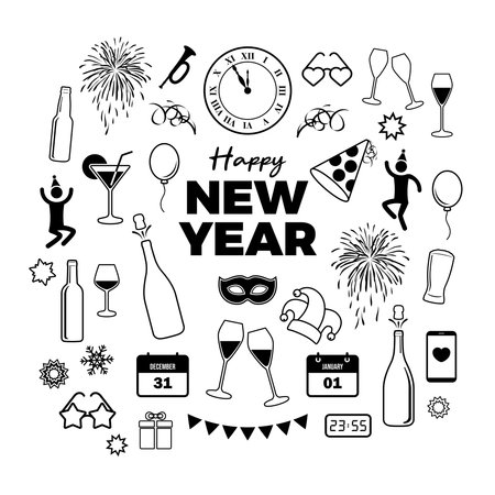 New Year party icon set in thin line style vector illustration. New Year party black icons outline isolated on a white background. Celebration and party black silhouette symbolsのイラスト素材