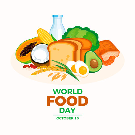 World Food Day poster vector illustration. Staple food, bread, fruit, vegetable, seafood, grain vector. Pile of healthy fresh food drawing. Template for background, banner, cardのイラスト素材