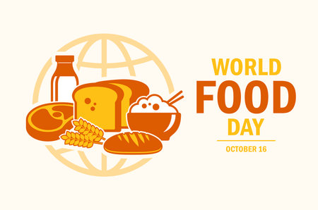 World Food Day poster vector illustration. Staple food, grain, bread, meat, milk vector. Food and agriculture symbol. Template for background, banner, card. October 16 every yearのイラスト素材