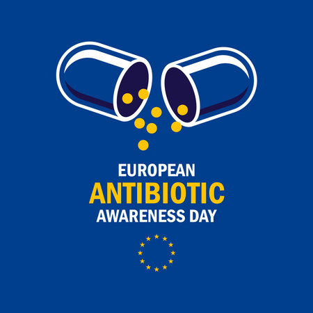 European Antibiotic Awareness Day poster vector illustration. Antimicrobial resistance icon. Flag of Europe and open capsule symbol. Template for background, banner, cardのイラスト素材