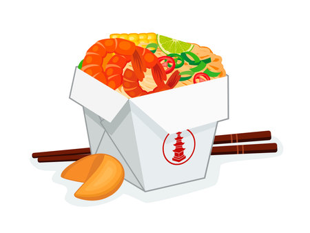 Chinese noodles in a take out box with fortune cookie and chopsticks vector illustration. Chinese food takeaway box with noodles and shrimps icon isolated on a white backgroundのイラスト素材