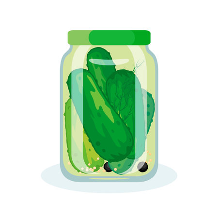 Glass jar with pickled cucumbers vector illustration. Green pickled cucumber icon isolated on a white background. Gherkin cucumber symbol. Pickle jar drawing in flat styleのイラスト素材