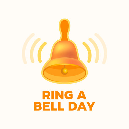 Ring and Bell Day poster vector illustration. Ringing golden bell sound icon vector. Shiny gold bell with handle drawing. Template for background, banner, card. 1 Januaryのイラスト素材