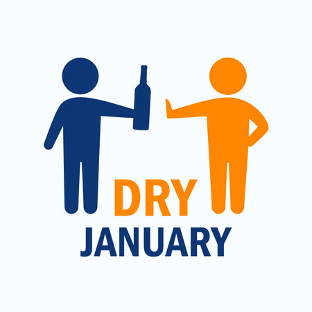 Dry January poster vector illustration. Person offering a bottle of wine icon. Person refusing alcohol icon. Template for background, banner, card. January every yearのイラスト素材