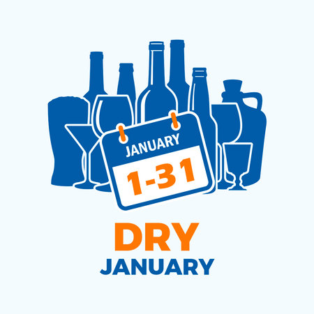 Dry January poster vector illustration. Alcohol bottles and glasses silhouette icon set vector. Template for background, banner, card. January every year. Important dayのイラスト素材