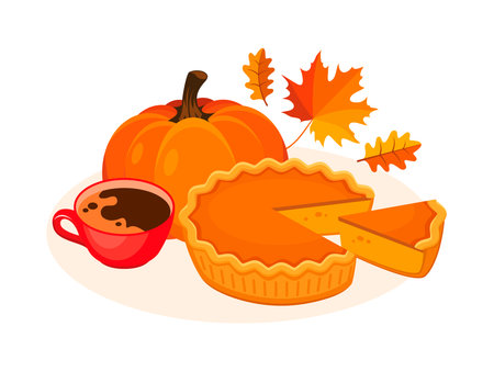 Sliced pumpkin pie and a cup of coffee vector illustration. Autumn decoration with cake, pumpkin and hot drink icon on a white background. Pumpkin pie, coffee cup and autumn leavesのイラスト素材