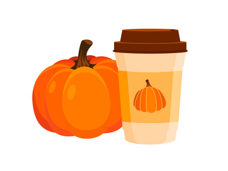 Pumpkin spice latte cup with a lid vector illustration. Disposable coffee to go cup and orange pumpkin icon set on a white background. Autumn hot drink in a paper cup drawingのイラスト素材