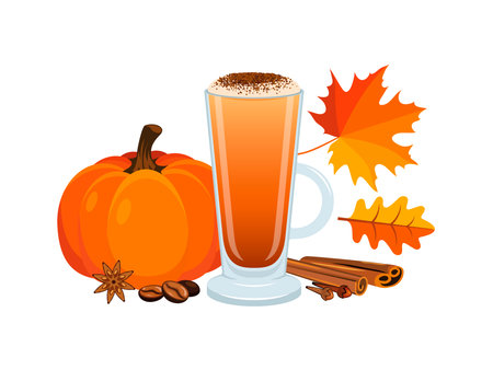 Pumpkin spice latte in a tall glass vector illustration. Coffee cup, orange pumpkin, cinnamon and autumn leaves icon set on a white background. Latte with whipped cream drawingのイラスト素材