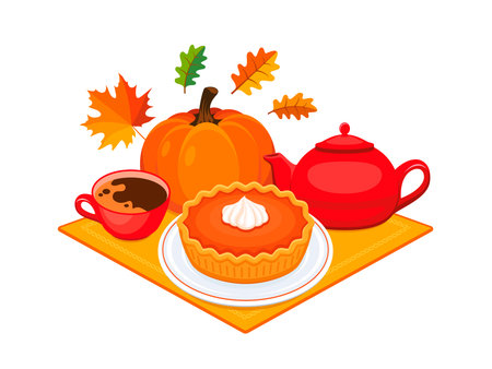 Pumpkin pie and a cup of coffee on a napkin vector illustration. Autumn decoration with cake, pumpkin and hot drink icon set. Pumpkin pie, coffee cup and autumn leaves drawingのイラスト素材