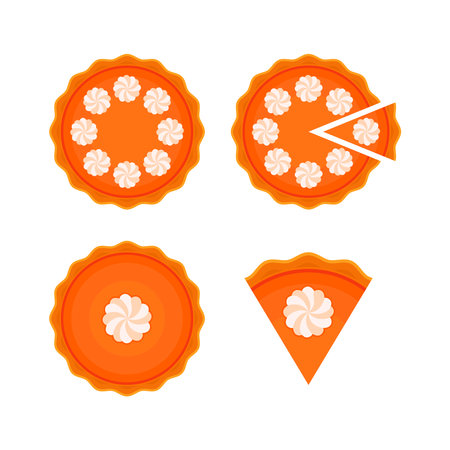 Pumpkin pie with whipped cream top view vector illustration. Whole and slice pumpkin pie top view icon set on a white background. Round whole sweet pie in flat style collectionのイラスト素材