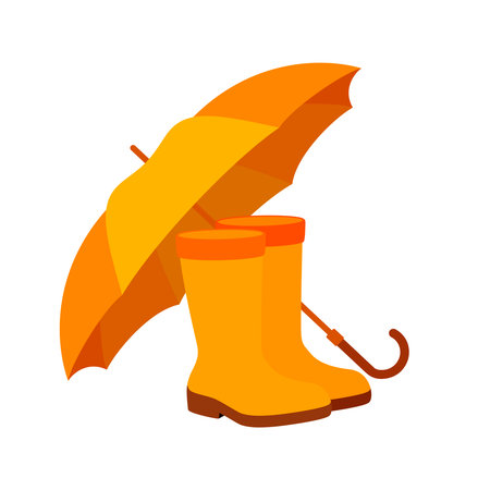 Orange wellies and umbrella vector illustration. Yellow rubber boots and open umbrella icon set isolated on a white background. Rain accessory symbol in flat styleのイラスト素材
