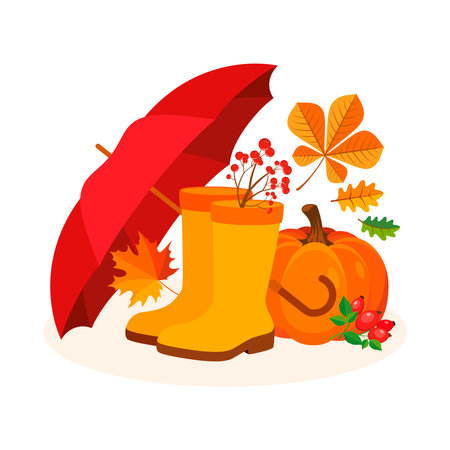 Yellow wellies and red umbrella autumn still life vector illustration. Yellow rubber boots, open umbrella, autumn leaves, pumpkin and rosehip icon set on a white backgroundのイラスト素材