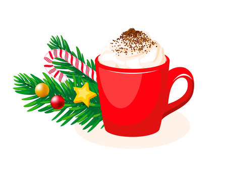 Hot chocolate with whipped cream in a red mug vector illustration. Hot cocoa drink and christmas decoration icon. Cup of coffee, candy cane, decorated spruce branch drawingのイラスト素材