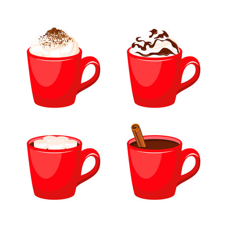Hot chocolate with whipped cream in a red mug icon set vector. Hot cocoa drink with marshmallows, cinnamon, whipped cream collection. Red cup of coffee icons on a white backgroundのイラスト素材