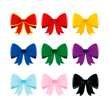 Colorful tied bows icon set isolated on a white background vector illustration. Different colored party bowknot collection. Decorative ribbon bow in flat styleのイラスト素材