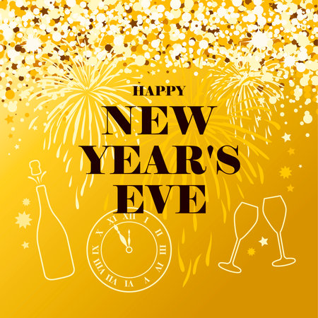 New Year's Eve golden greeting card with gold shiny icons vector illustration. Happy New Year banner with fireworks, champagne and clock vector. Template for background, bannerのイラスト素材