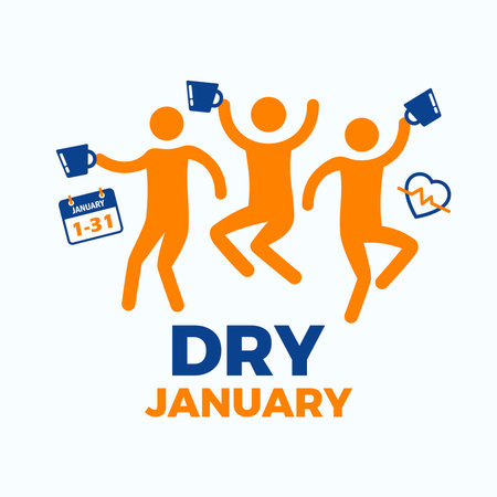 Dry January challenge poster vector illustration. Alcohol-Free for 31 Days sign. Dancing party people simple icon set. Stylized happy person symbol. Template for banner, cardのイラスト素材
