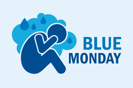 Blue Monday poster with sad person vector illustration. Sad person sitting with head in hands icon. Depressed person silhouette symbol. Template for background, banner, cardのイラスト素材
