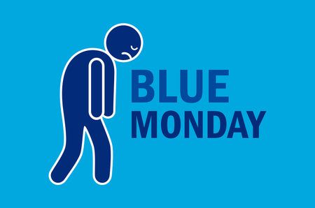 Blue Monday poster with sad person vector illustration. Stick figure icon set. Depressed stickman person silhouette symbol. Template for background, banner, cardのイラスト素材