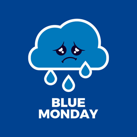 Blue Monday poster with crying sad cloud vector illustration. Depressed cloud with raindrops icon. Template for background, banner, card. The most depressing day of the yearのイラスト素材