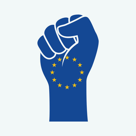 Clenched fist in European Union Flag colors vector illustration. EU hand raised fist icon on a gray background. European flag fist protest symbol. Template for background, bannerのイラスト素材