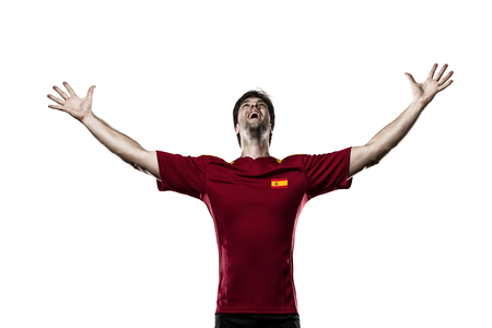 Spanish soccer player, celebrating on the white backgriund.の写真素材