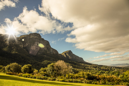 Majestic mountains landscape under a sunset sky with clouds. Cape Town, South Africaの写真素材
