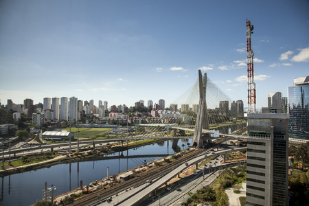 Sunset over Octavio Frias Oliveira Bridge - Sao Paulo - Brazilの写真素材