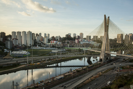 Sunset over Octavio Frias Oliveira Bridge - Sao Paulo - Brazilの写真素材