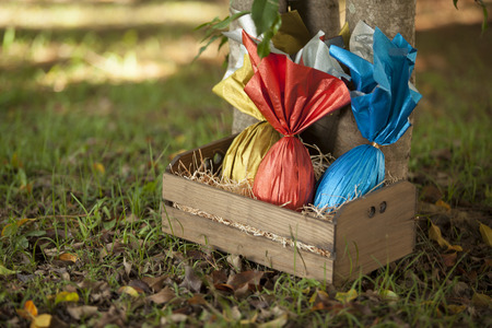 Basket of brazilian Easters eggs under a tree.