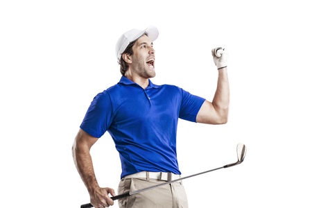 Golf Player in a blue shirt celebrating, on a white Background.の写真素材