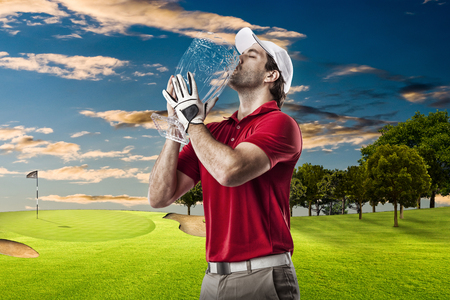 Golf Player in a red shirt celebrating with a glass trophy in his hands, on a golf course.の写真素材