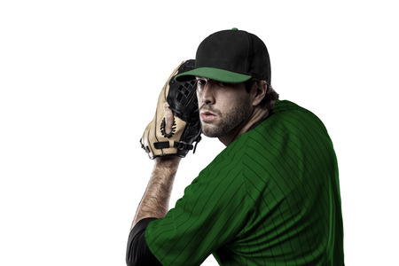 Pitcher Baseball Player with a green uniform on a white background.の写真素材