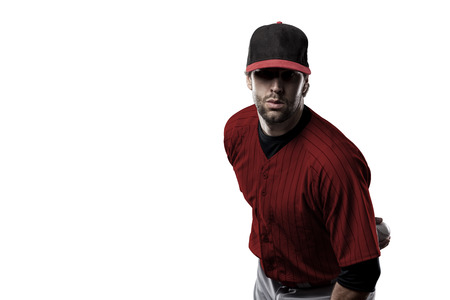 Pitcher Baseball Player with a red uniform on a white background.