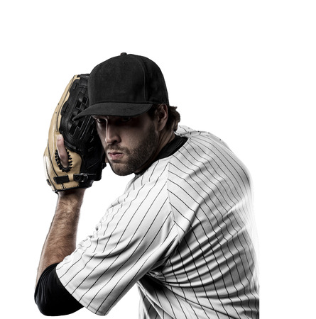 Pitcher Baseball Player with a white uniform on a white background.の写真素材