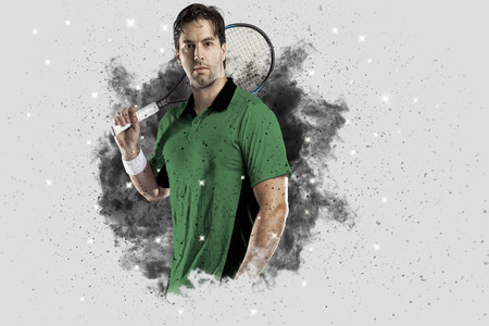 Tennis Player with a green uniform coming out of a blast of smoke .の写真素材