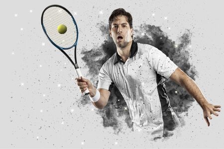 Tennis Player with a white uniform coming out of a blast of smoke .